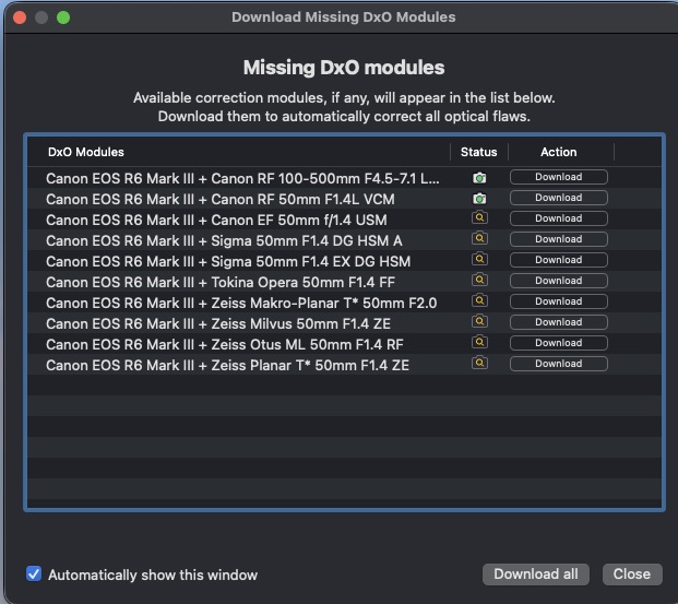 A dialog box in PhotoLab 9 showing numerous camera profiles available for download.